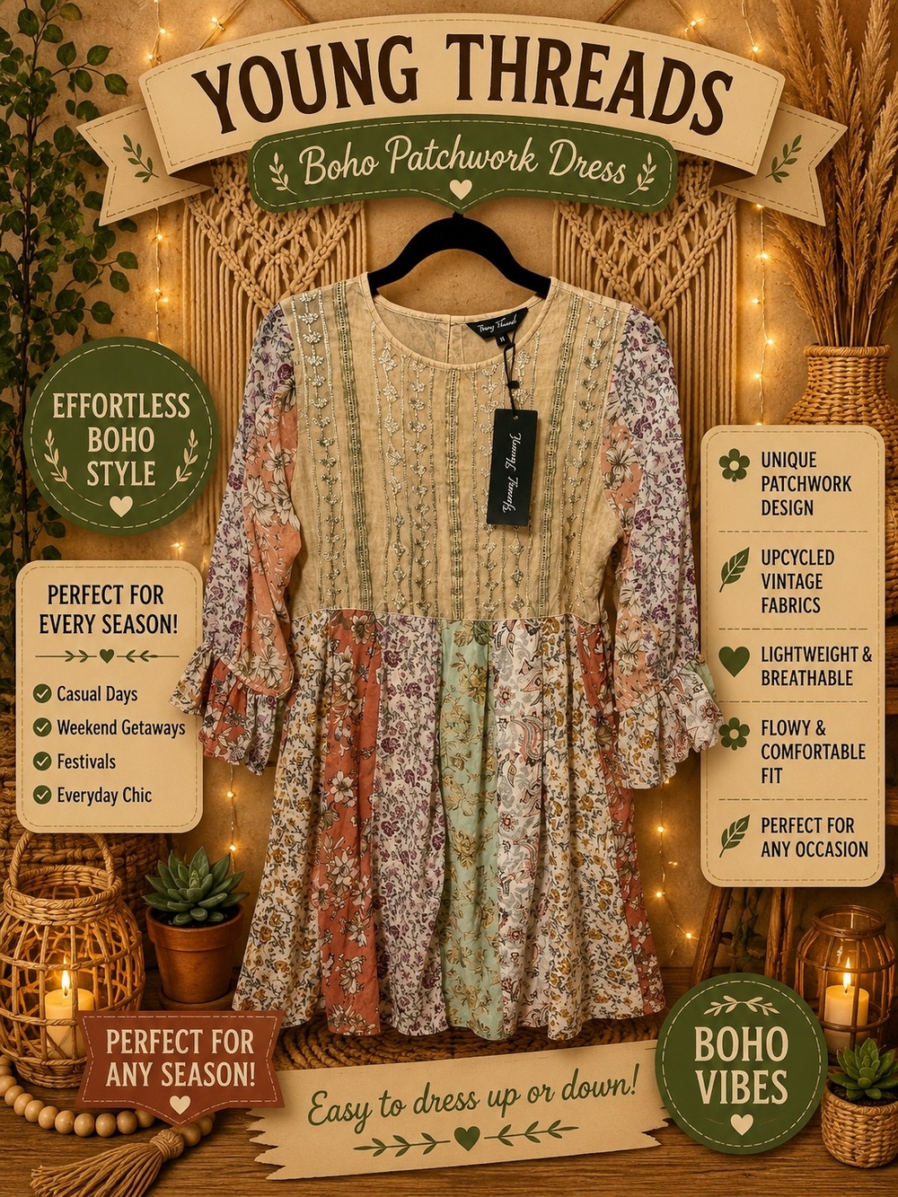 192 Young Threads Cream Boho Patchwork Midi Dress
